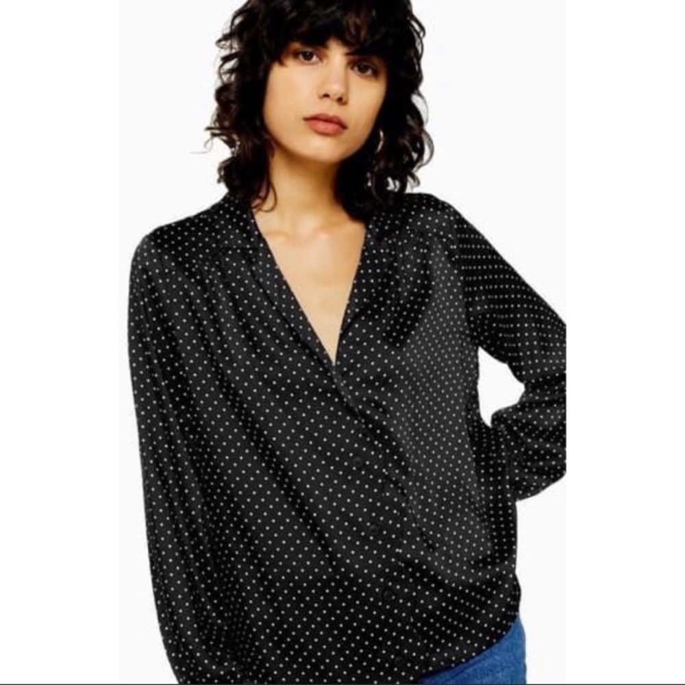 Topshop Sz 14 Black Polkadot Long sleeve Blouse